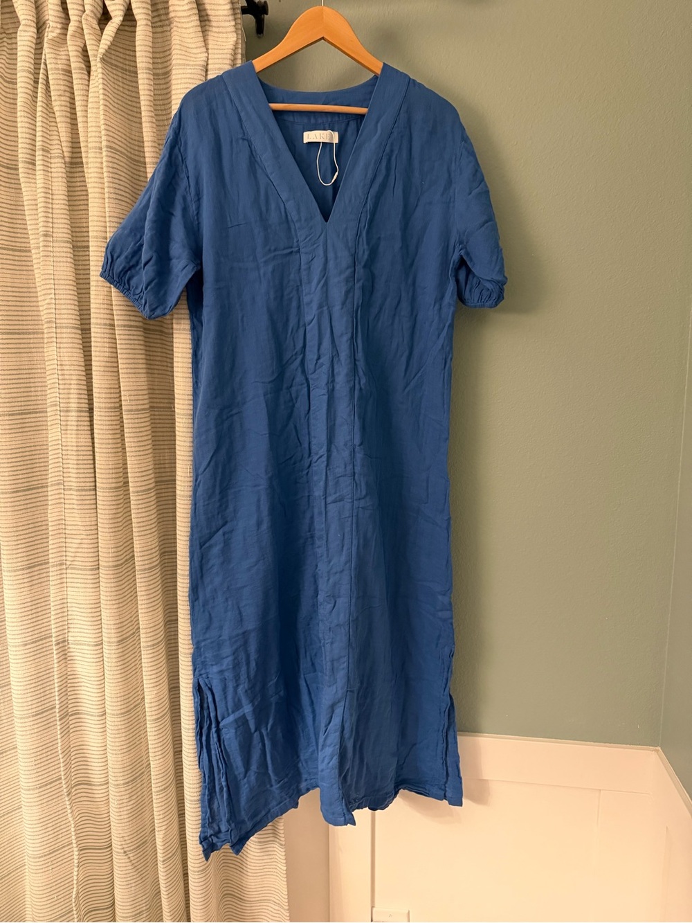 Lake blue cotton gauze caftan dress relaxed V-neckline and short sleeves L